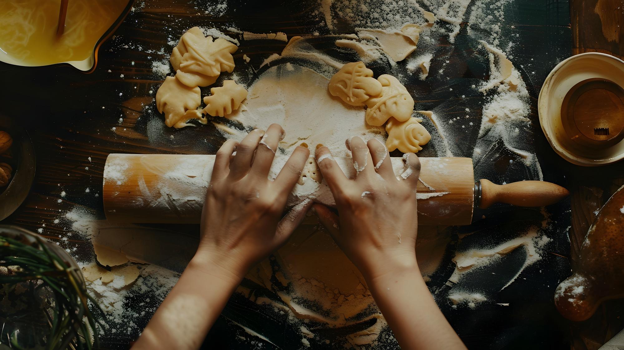 Close-up of hands kneading dough on wooden table